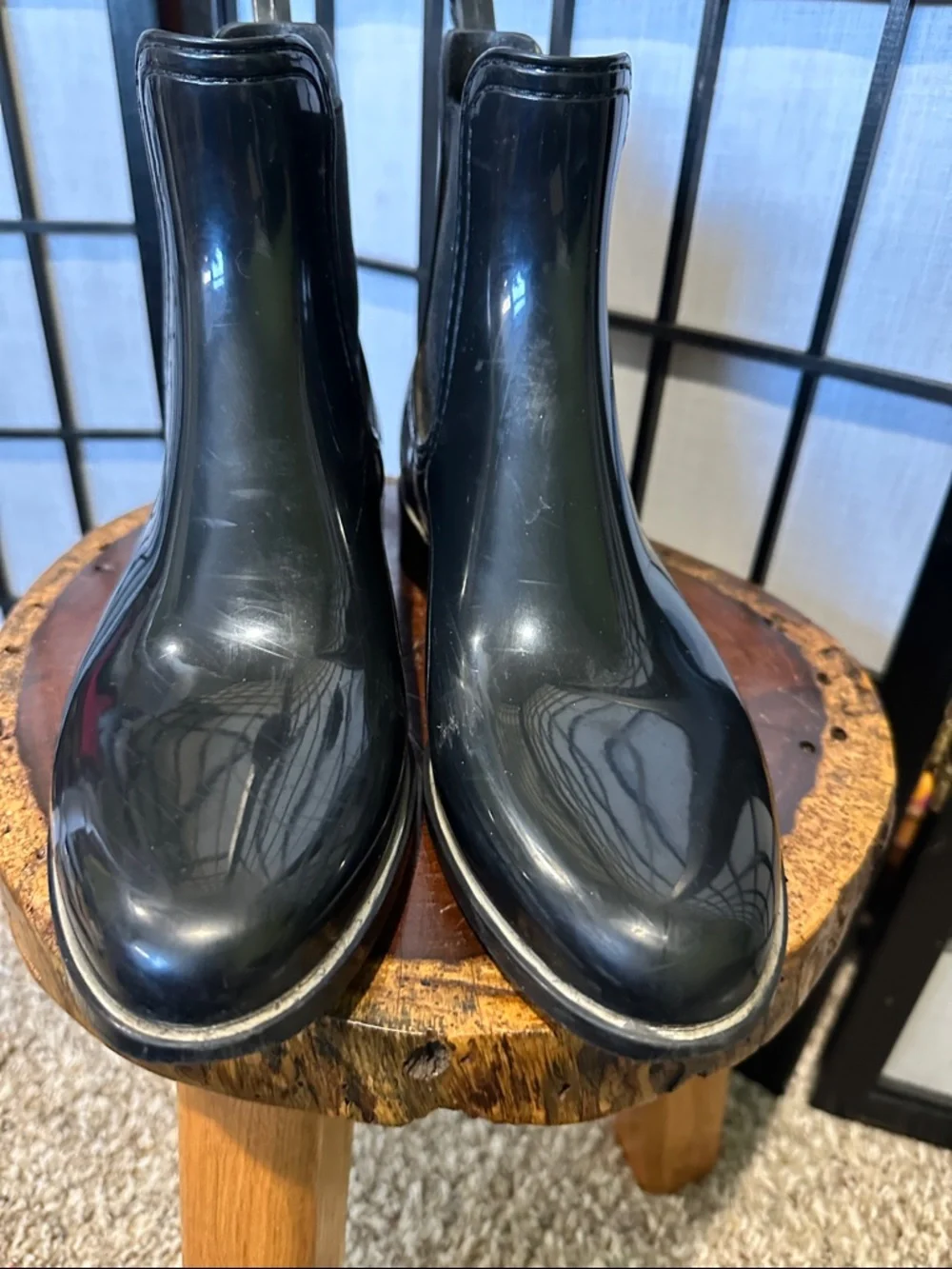 Lemon Jelly Designer Black Pull On Rain Boots with Metallic Elastic Panels 8.5